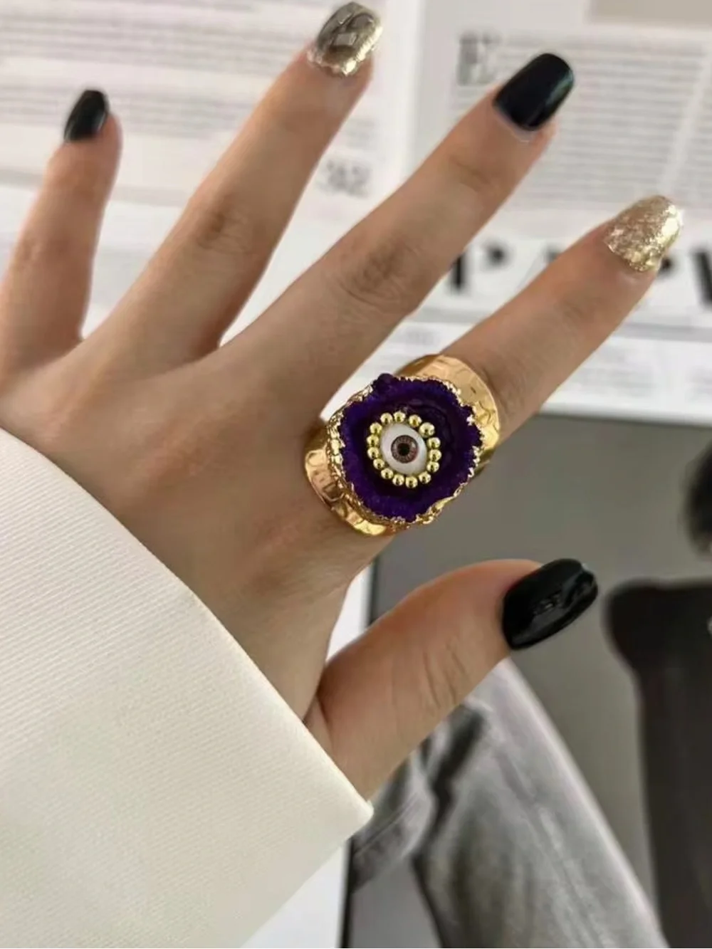 Purple Druzy Geode Evil Eye Ring with Gold Trim Adjustable